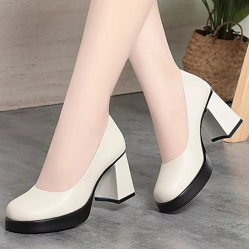 8cm Comfortable Fashion Shallow Mouth Soft Leather Shoes Women Pumps  Fall Block High Heels Shoes for Office Model Court