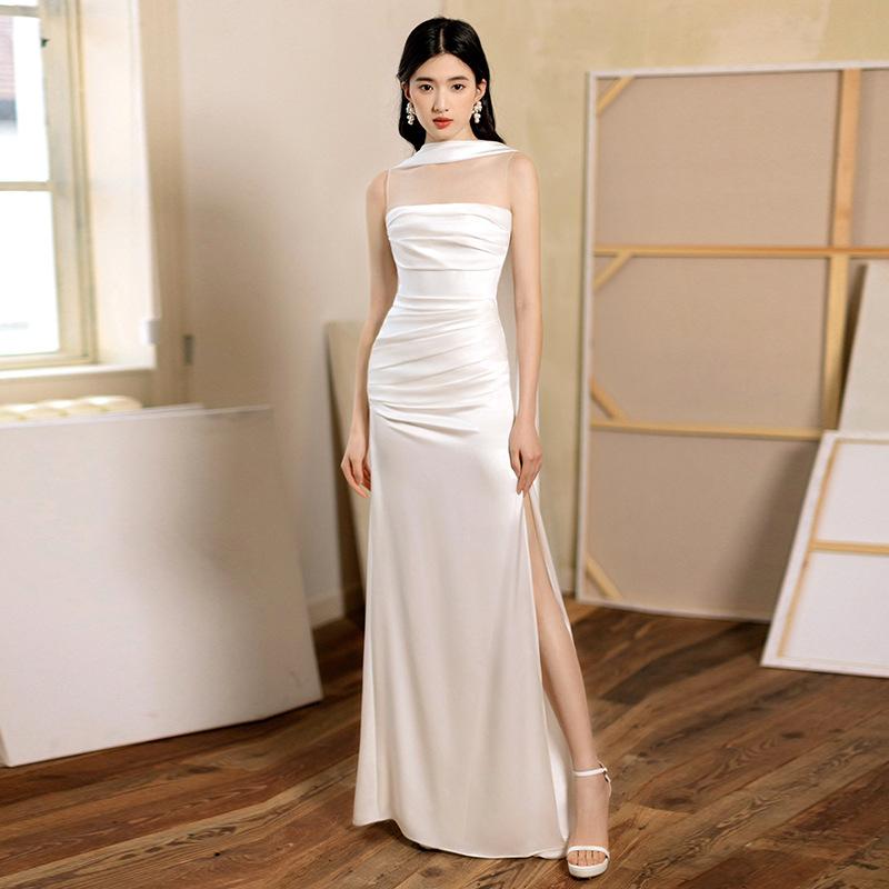 1011 French light wedding dress bride white simple and thin dress bar mitzvah banquet satin morning gown dress women