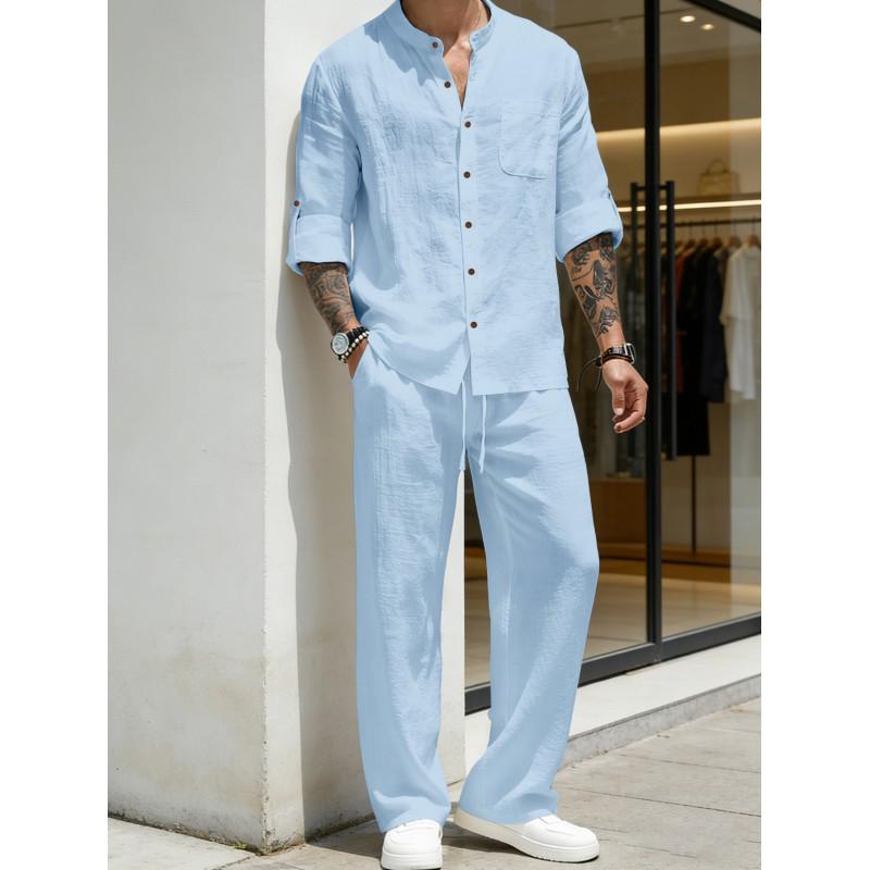 Mens Linen Blend Shirt Set Long Sleeve Top Pants Retro Stand Collar Casual Outfit