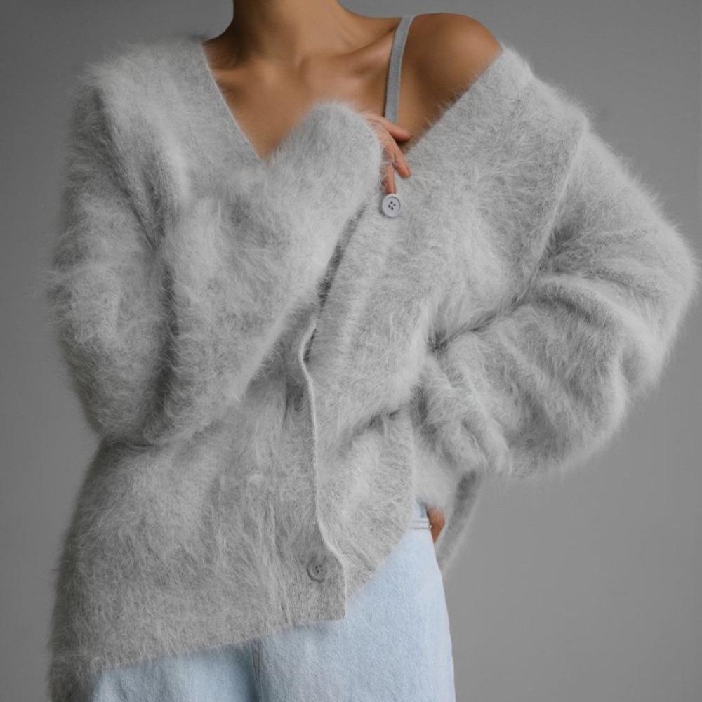Women Cardigan Sweater Jacket Imitation Mink Fur Versatile Female Sweater V-neck Loose Ladies Knitted Top