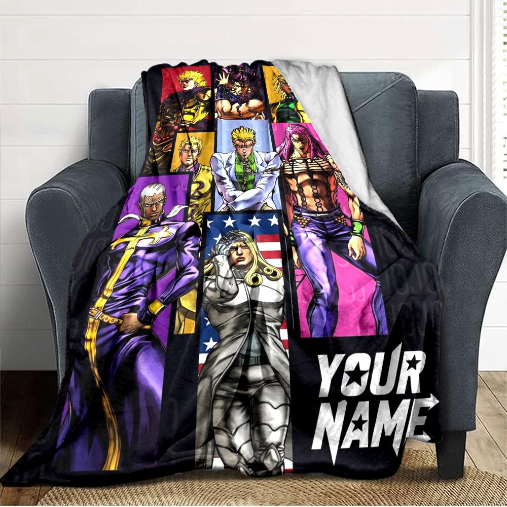 Couverture en Flanelle Personnalisable Nom Anime JJBA Impression Haute Qualité Chaude Confortable Couverture Toutes Saisons Parfaite pour Cadeaux Décoration Intérieure