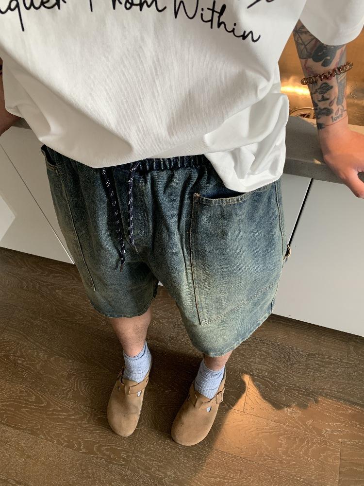Summer New Straight Big Pocket Retro Loose Denim Shorts Men's Elastic Waist Versatile Five-Point Pants Men's