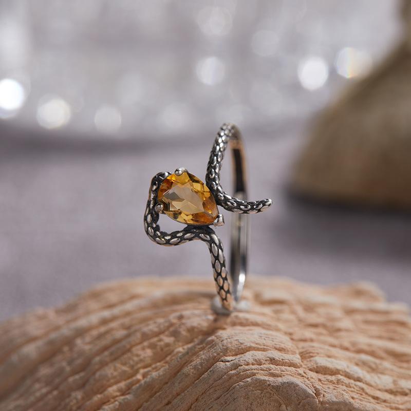 S925 Natural Colored Treasure Retro Thai Silver Ring, Male And Female Couples Ring, Spirit Snake Index Finger Ring, Niche Light Luxury Does Not Fade