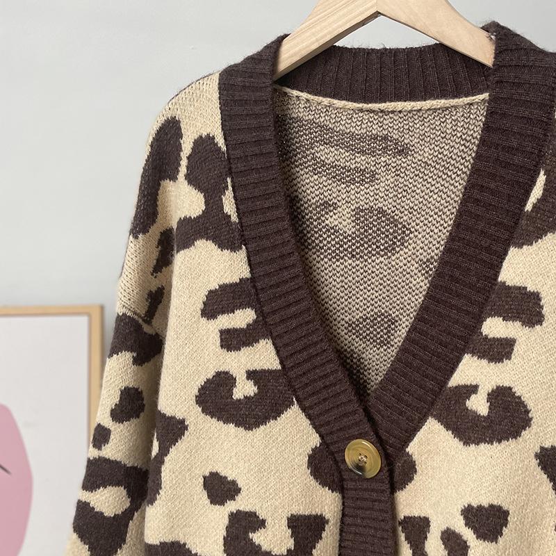 Autumn and Winter Animal Print Knitted Cardigan Women's Soft Thickened Leopard Print Knit Sweater Top