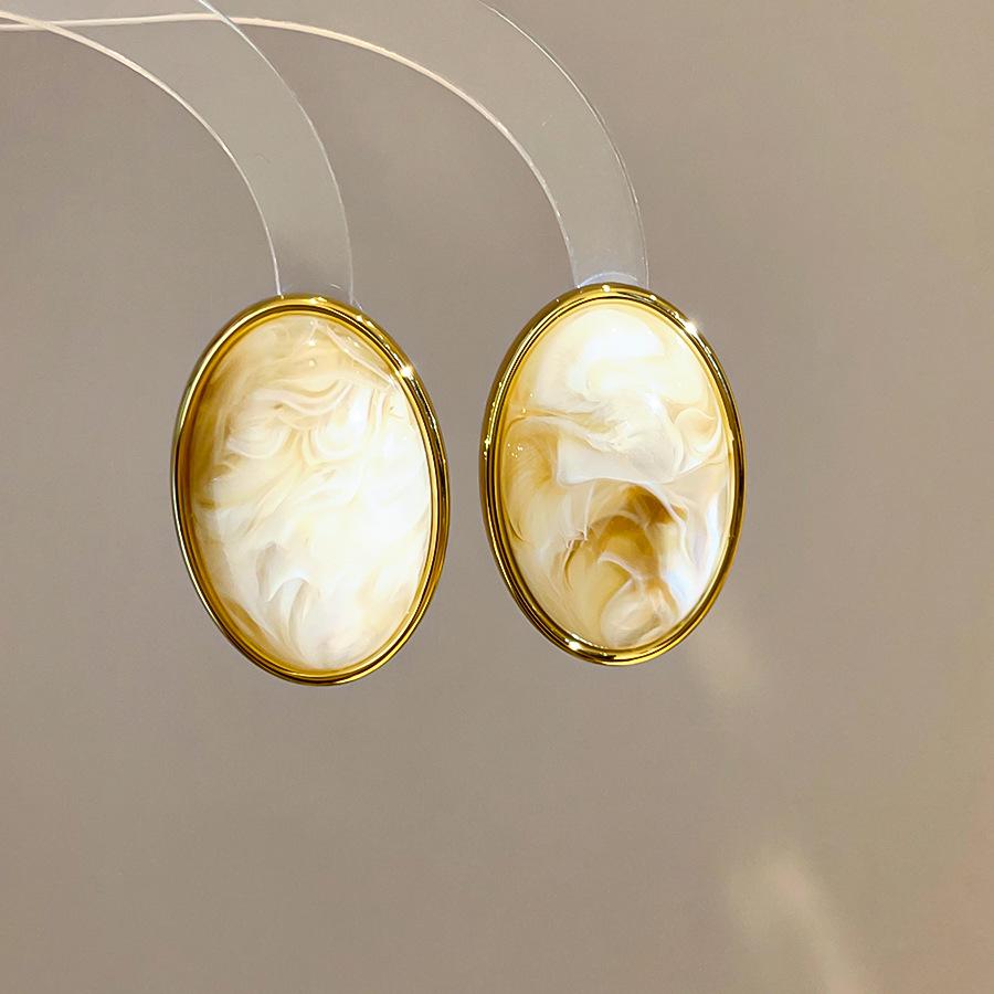 Retro Silver Needle Marbled Acrylic Oval Geometric Stud Earrings - Vintage Niche High-End Fashion Accessories for Women