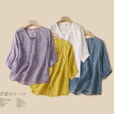 V-neck Five-quarter-sleeved Embroidered Cotton and Linen Shirt for Women's 2025 Summer New Thin Top with Loose Temperament and Beautiful Shirt