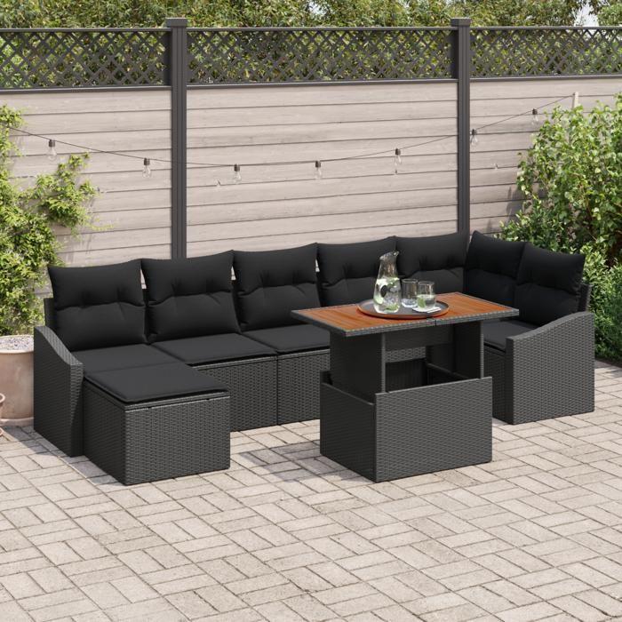 VidaXL Set de salle à manger de jardin de 8 pièces avec coussins en poly rattan noir et acacia 3349869