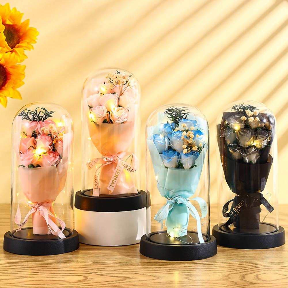 Eternal Rose LED Light Acrylic Cover Flower Valentines Day Gift Wedding Party Decor Artificial Rose Flowers Light Christmas Part