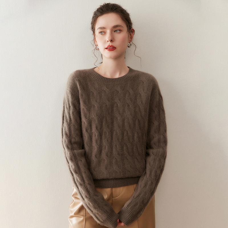 Women's Retro Cable Knit Round Neck Cashmere Sweater - Thick and Skin-Friendly for Autumn/Winter