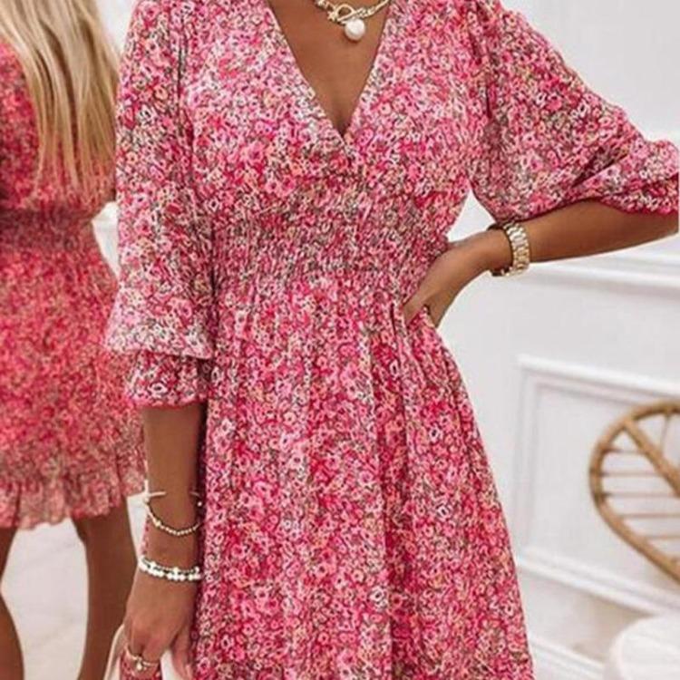 Floral Print Bohemian Short Sleeves Mid Length Dress with Waist Cinching
