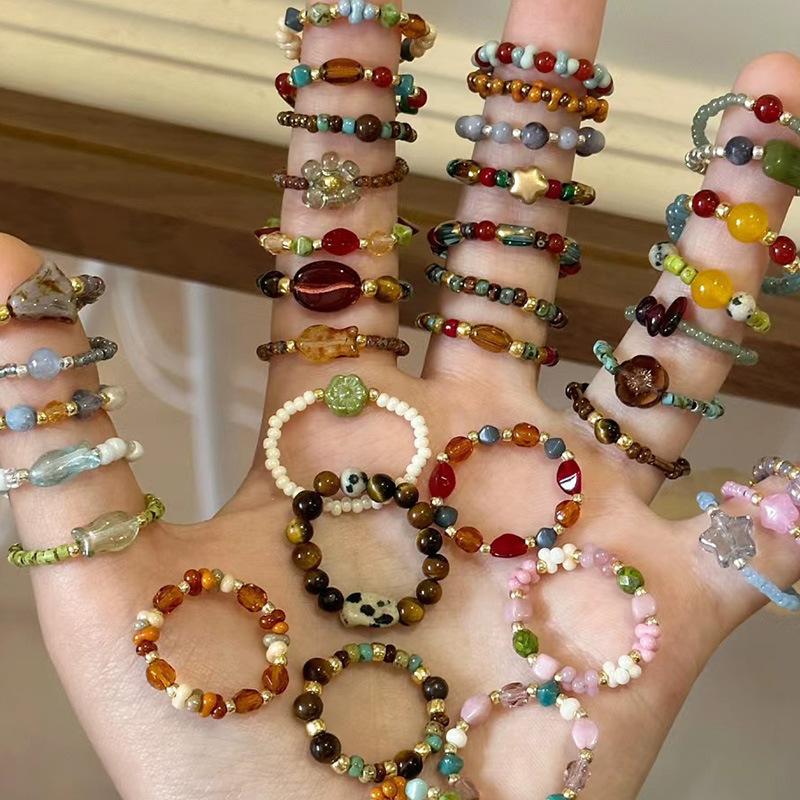 Color Crystal Beaded Ring Ins Niche Design Sense Advanced Finger Ring Light Luxury Temperament All Match Ring Accessories
