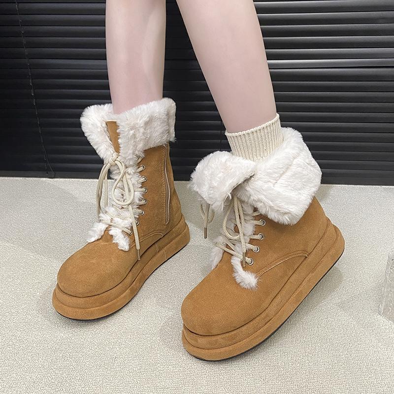 Women's Fashion Thick Bottom Fur Lined Mid-Calf Snow Boots Winter Warm Cotton Shoes round Toe Rubber Sole Flat Heel Boots