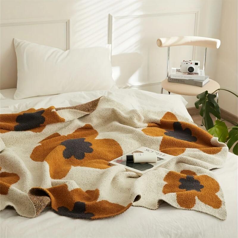 1pc Nordic Flower Pattern Knitted Blanket, Air Conditioning Blanket Warm Cozy Soft Throw Blanket For Couch Bed Sofa