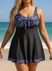 Plus Size Blue Leaf Print Two-Piece Tankini Swimwear with Skirt & Briefs