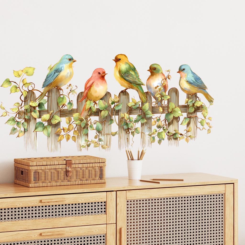 Cartoon Cute Bird Fence Leaves Bedroom Living Room Home Background Decoration Self Adhesive Stickers