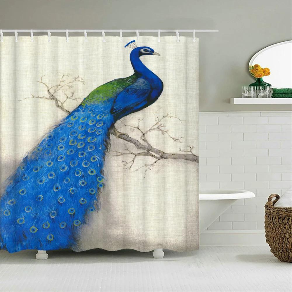 Peacocks Shower Curtains Chinese Birds Feather Bathroom Curtains Retro Flower Waterproof Polyester Bathtub Screen With Hooks