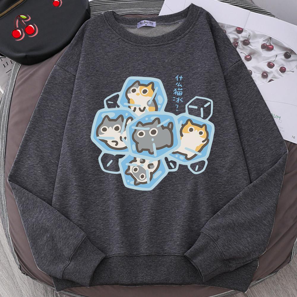 Ice Cat Dibujos Animados Divertidos Gatos Lindo Estampado Sudadera Hombre Mujer Harajuku Cuello Redondo Sudadera con Capucha Estampados Otoño Ropa Deportiva Sudadera Holgada