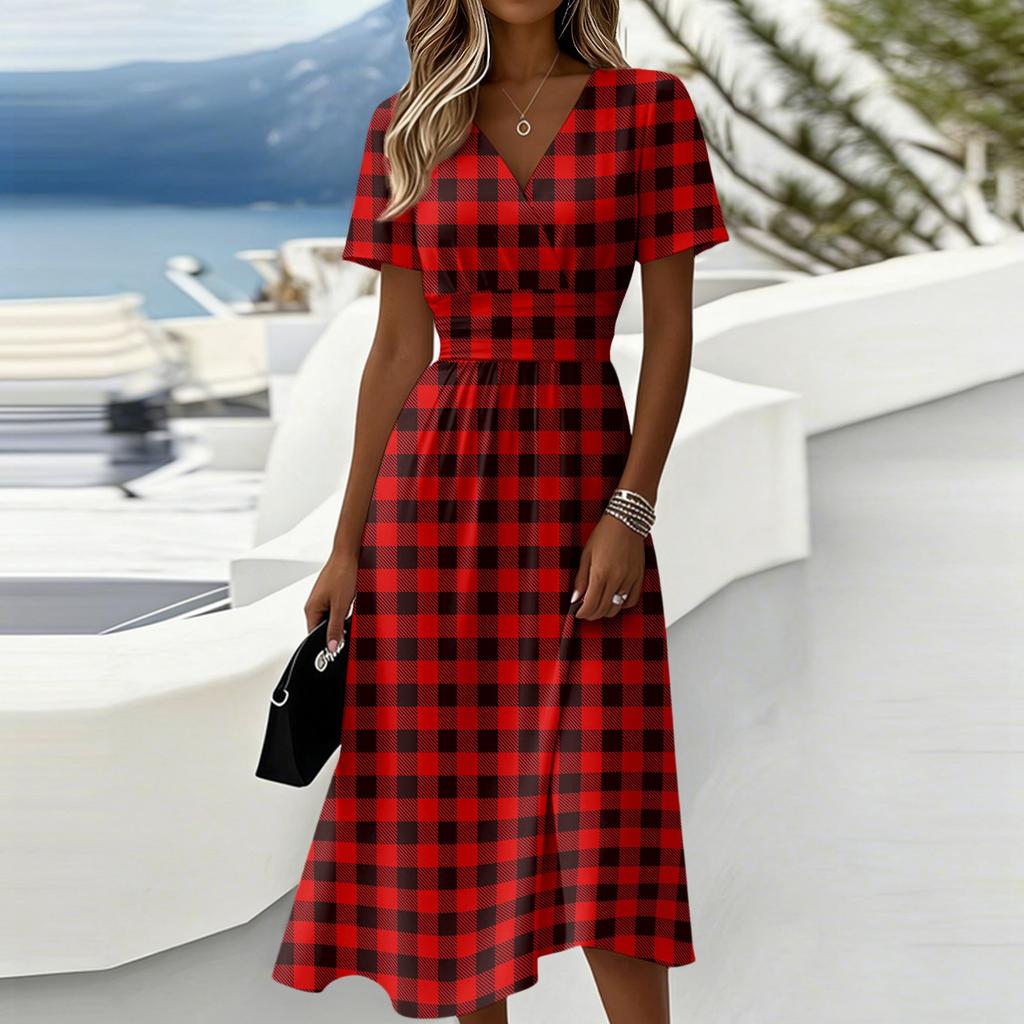 Women’s Gingham Print Casual Midi Dress with Short Sleeves V Neck and Relaxed Fit for Everyday Wear and Comfort
