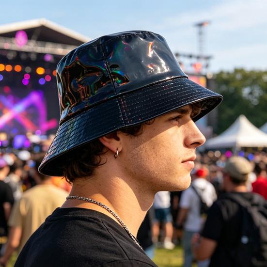Eimerhut, Dreidimensionaler Breiter Rand Fischerhut, Wasserdichter Kunstleder Cooler Metallischer Glanz Sonnenhut, Bühnenperformance Hut für Hip-Hop