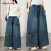 Spring Fall Large Size Women Vintage Jeans High Waist Drawstring Floral Embroidery Retro Straight Denim Pants Classical Oversized Blue Wide Leg Jeans