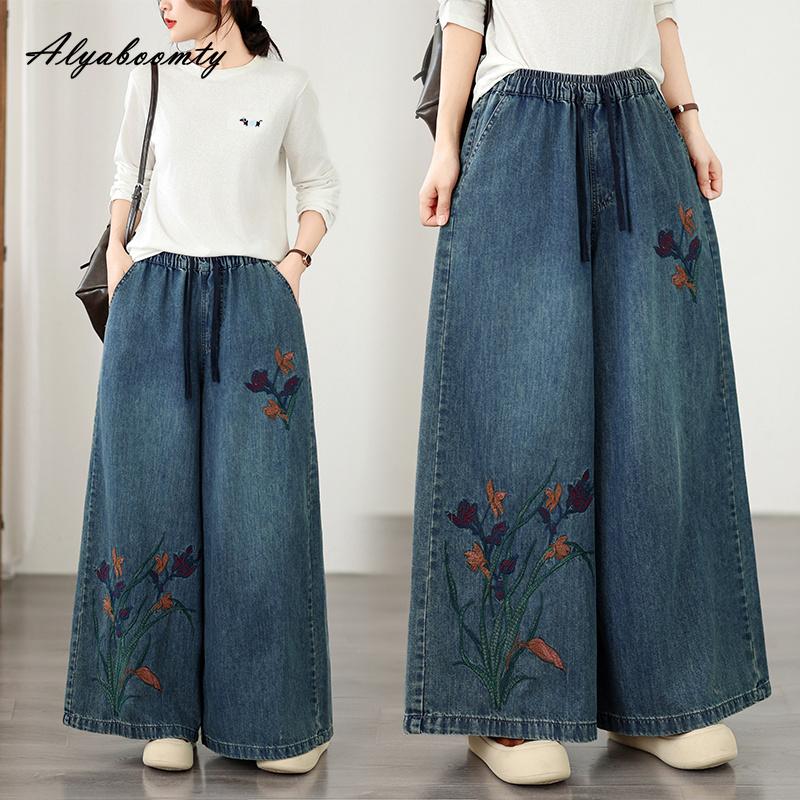 Spring Fall Large Size Women Vintage Jeans High Waist Drawstring Floral Embroidery Retro Straight Denim Pants Classical Oversized Blue Wide Leg Jeans