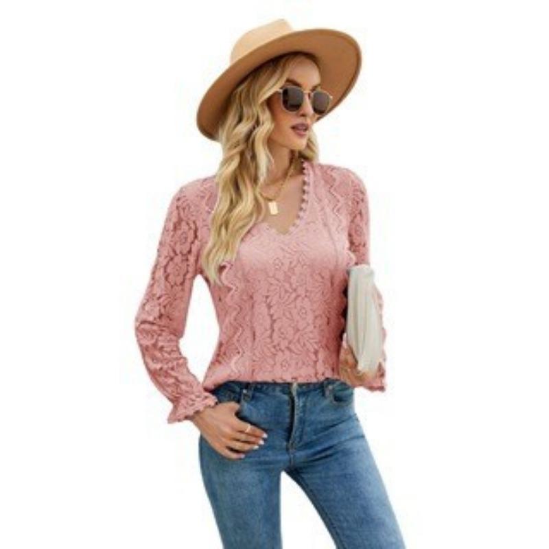 Vår och höst Dam Blus Spets Långärmad Enfärgad Utskuren Spets Sexig Stickad Topp