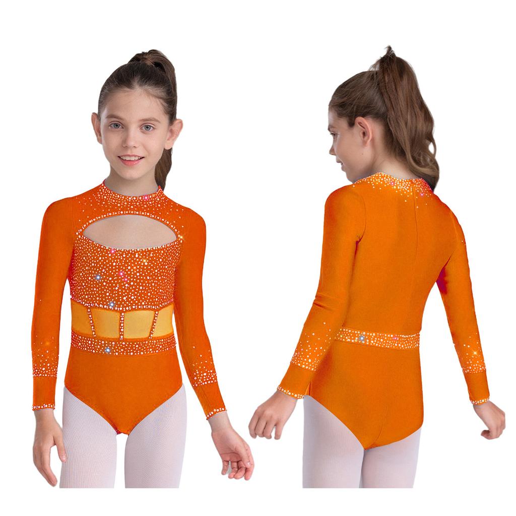 Girls Dance Bodysuit Long Sleeve Rhinestone Leotard with Back Zipper & Cutout for Performance