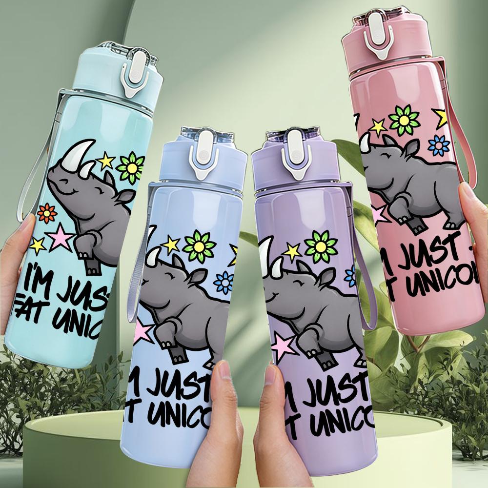 1PC Fat Unicorn Rhino Cartoon Graphic,750ml Color Plastic Sports Water Bottle,Leakproof Flip Straw Lid,Suitable for Sports Office Home Use
