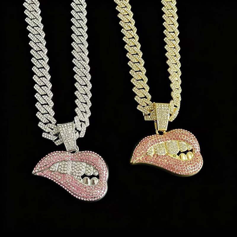 Men's Bold Lip Shape Rhinestone Pendant Cuban Link Necklace Western Hip Hop Street Dance Cool Statement Fashion Jewelry Gift