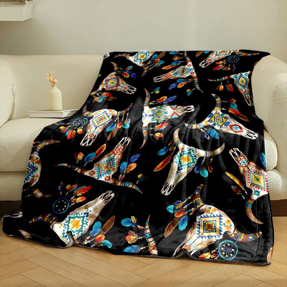 Bohemian Cow Skull Feather Blanket Bedroom Blanket for Livingroom Couch Lunch Break Soft Throw for Friend's Festival Gift