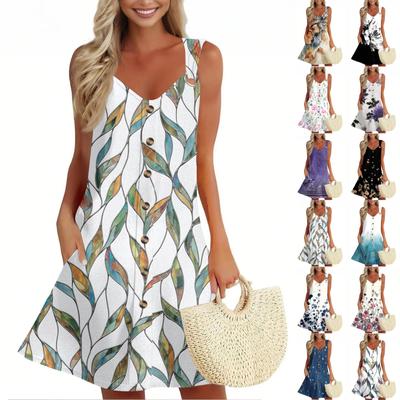 Women's Summer Dress With Pocket Sleeveless Floral Print Sundress