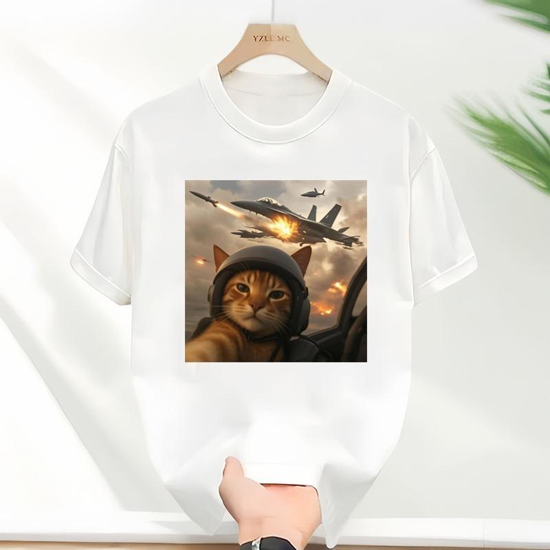 White TShirt Helmet Wearing Tabby Cat Print Background With Fighter Jets Missile Explosion Battle Scene Funny Creative Top