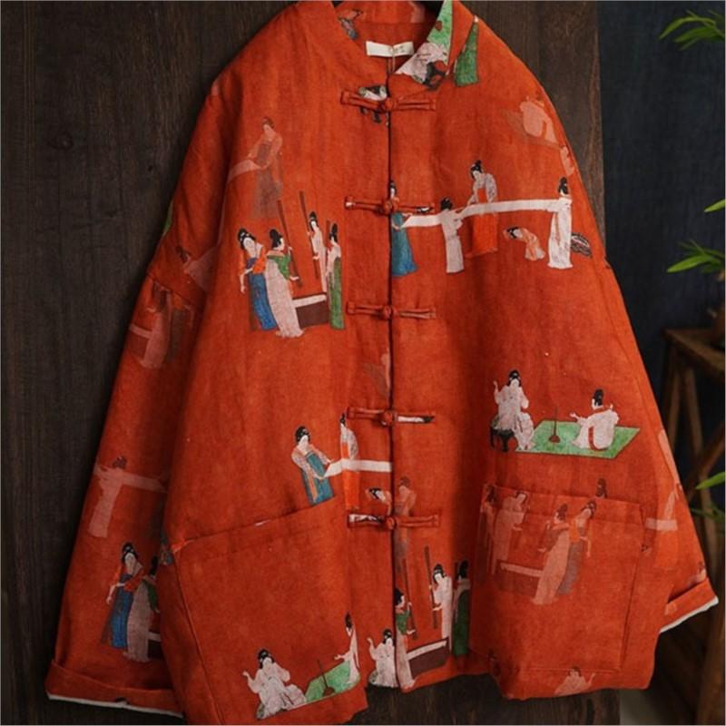 Johnature Women Vintage Stand Long Sleeve Coats Spring Chinese Style Print Floral Button Pockets Coats