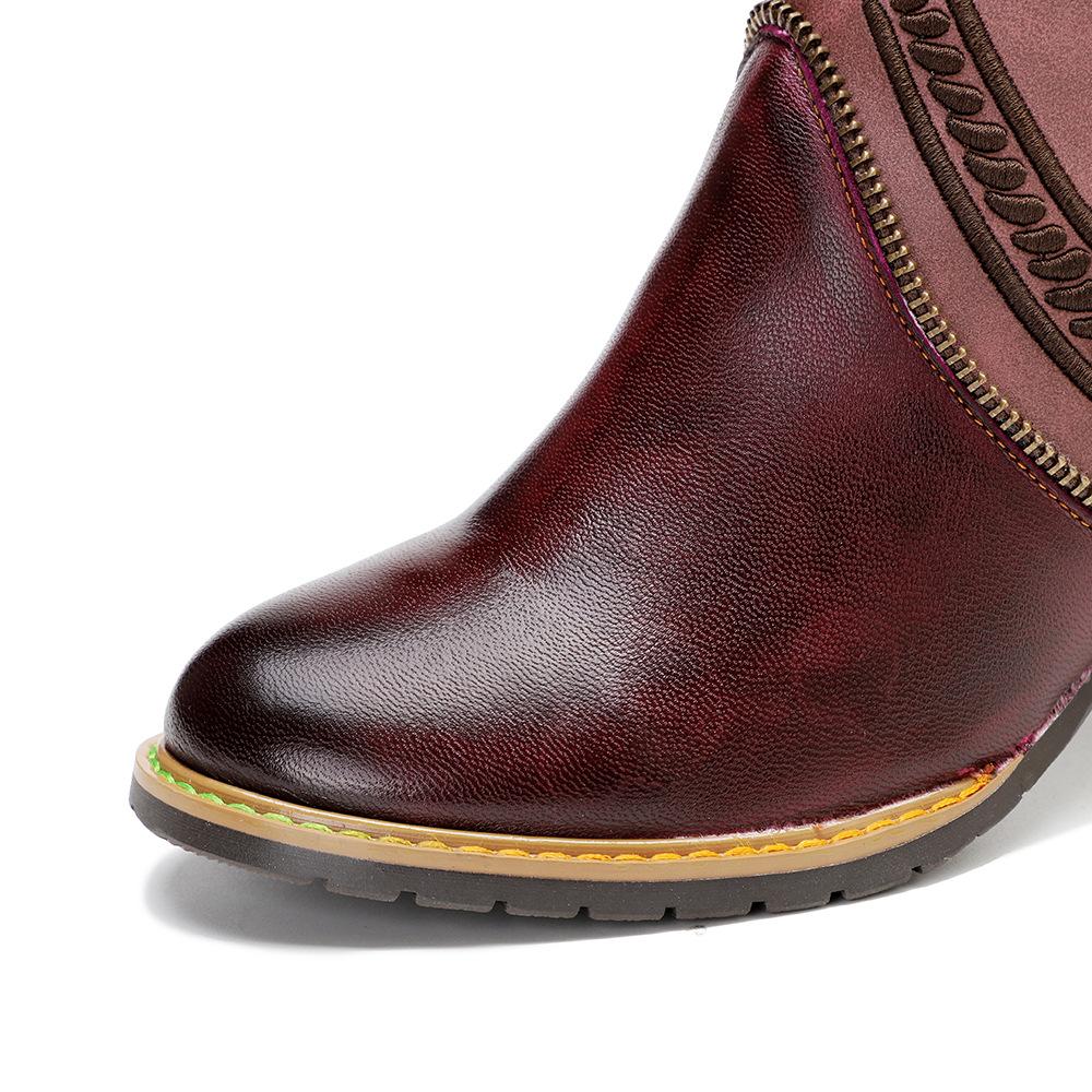 Johnature Fashion High Heels Shoes Genuine Leather Exquisite Embroidery Zipper Edge Women's Short Boots