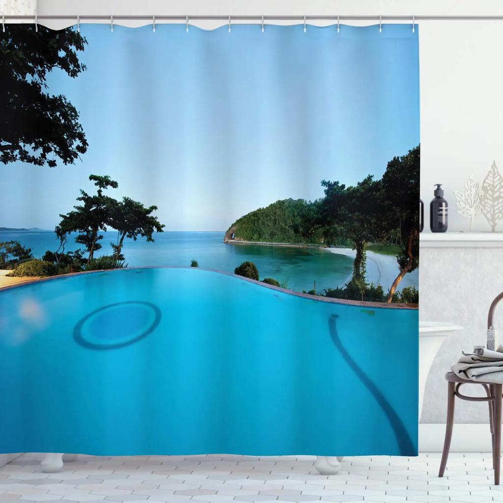 Swimming Pool Printed Shower Curtain Exercise Hobby Leisure Activity Theme Waterproof Fabric Bathroom Decor Screen with Hooks