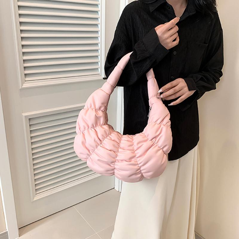 Quilted Padded Crossbody Bag for Women Ruched Shoulder Cloud Bag PU Leather Half Moon Hobo Bag Bubbles Handbag Purses
