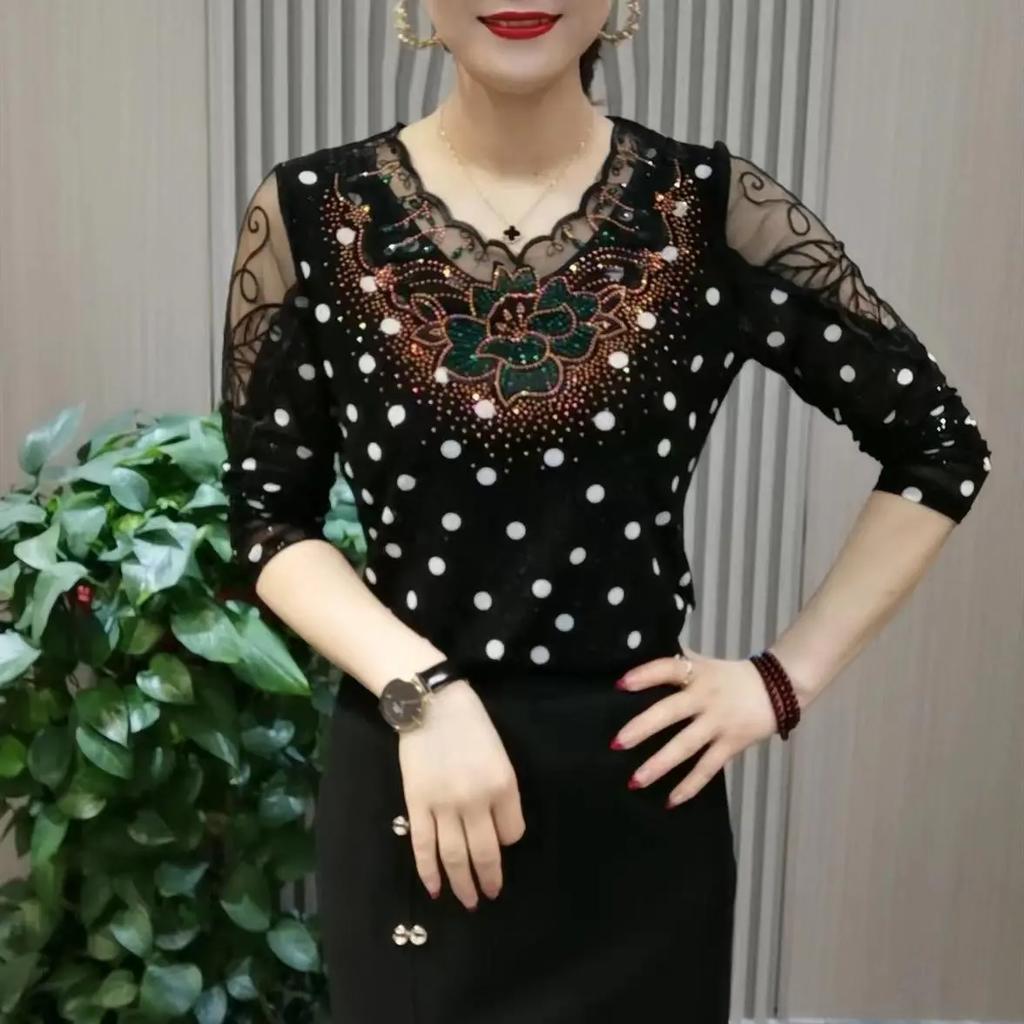 Bluză de toamnă pentru femei cu volane, decupată, cu buline, îmbrăcăminte, mărimi mari, topuri casual, cămașă cu diamante