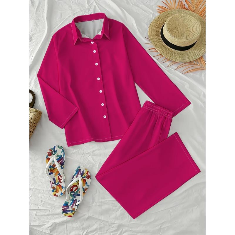 Himbeerrot Einfarbige Bluse Weite Hosen Zweiteiliges Set Damen Urlaub Personalisiertes Langarm-Hosen-Set