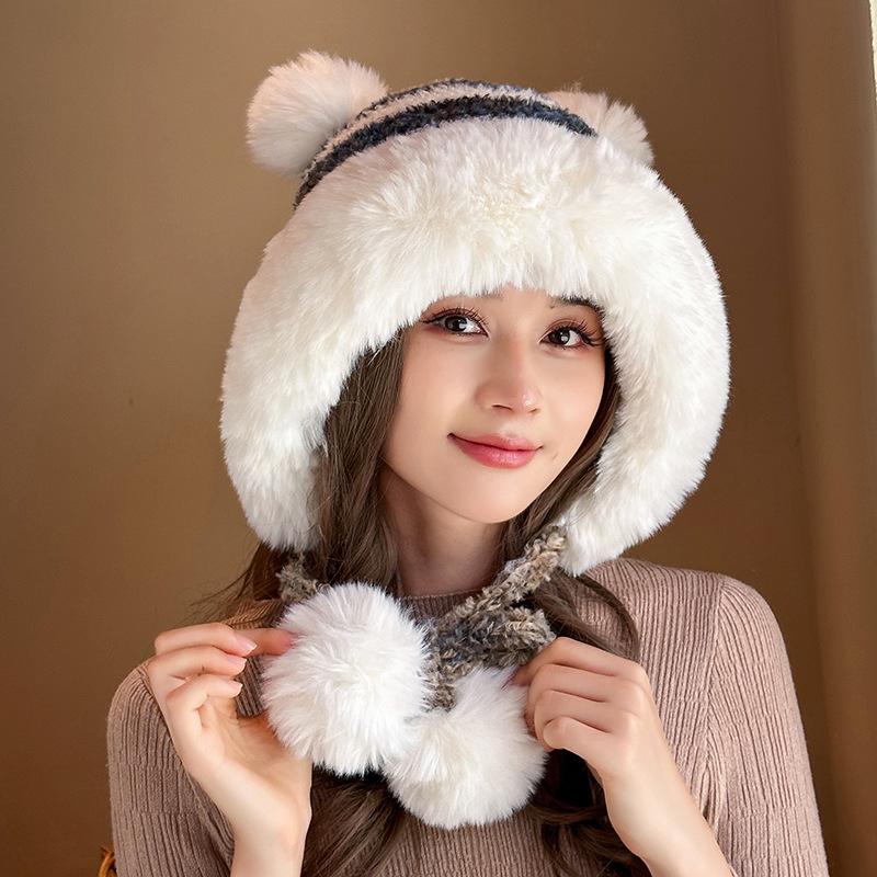 

Милая толстая шерстяная шапка-шар для зимнего тепла и защиты от холода, большая окружность головы, плюшевая шапка с четырьмя защитными ушами, вязаная шапка