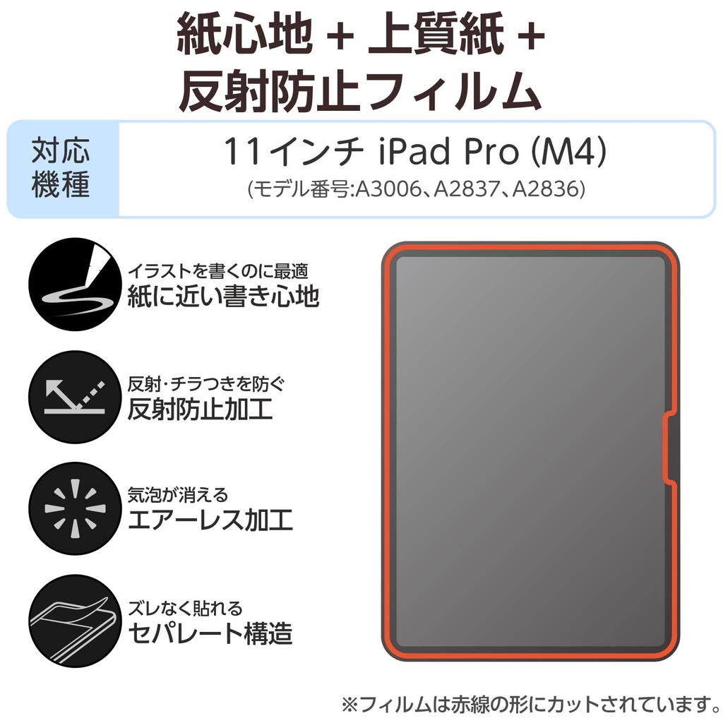 Elecom IPad Pro Screen Paper Airless Fingerprint 11-inch (M4) Protector, Texture, Anti-Reflective, High-Quality Paper, Processing, Resistant,