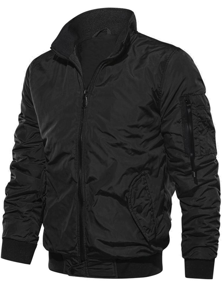 Men Stand Collar Bomber Jacket Zip Up Solid Color Casual Flight Coat