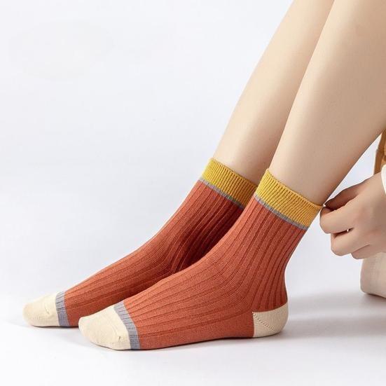 5 Pairs Women Candy Color Splicing Design Socks, Mid-tube Ribbed, Breathable, Sweat-absorbent, High Elastic
