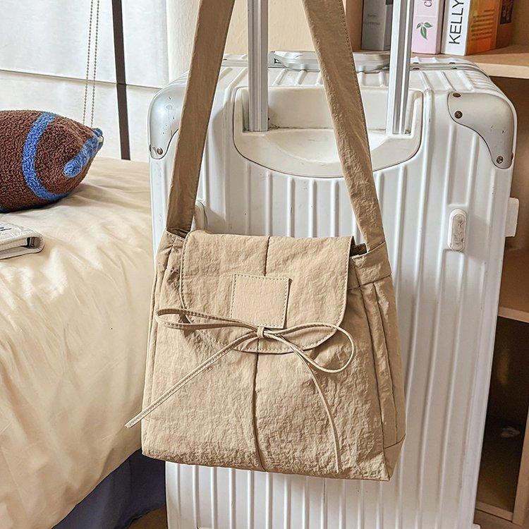 Japanese Solid Color Bow Women Nyl Shoulder Bags Simple Lightweight Ladies Crossbody Bag Large Capacity College Handbag Tote