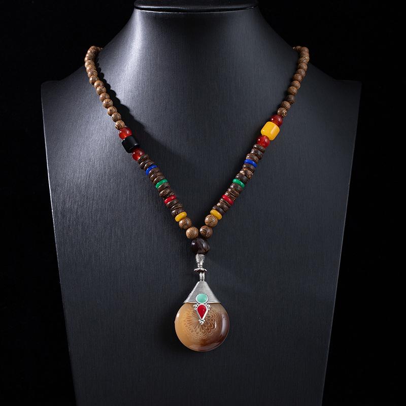 Stile Etnico Retrò Catena Lunga per Maglione Ciondolo in Pietra Bodhi con Diamante Collana con Perline di Legno Ciondolo in Cotone e Lino Tibetano Collana con Perline di Buddha