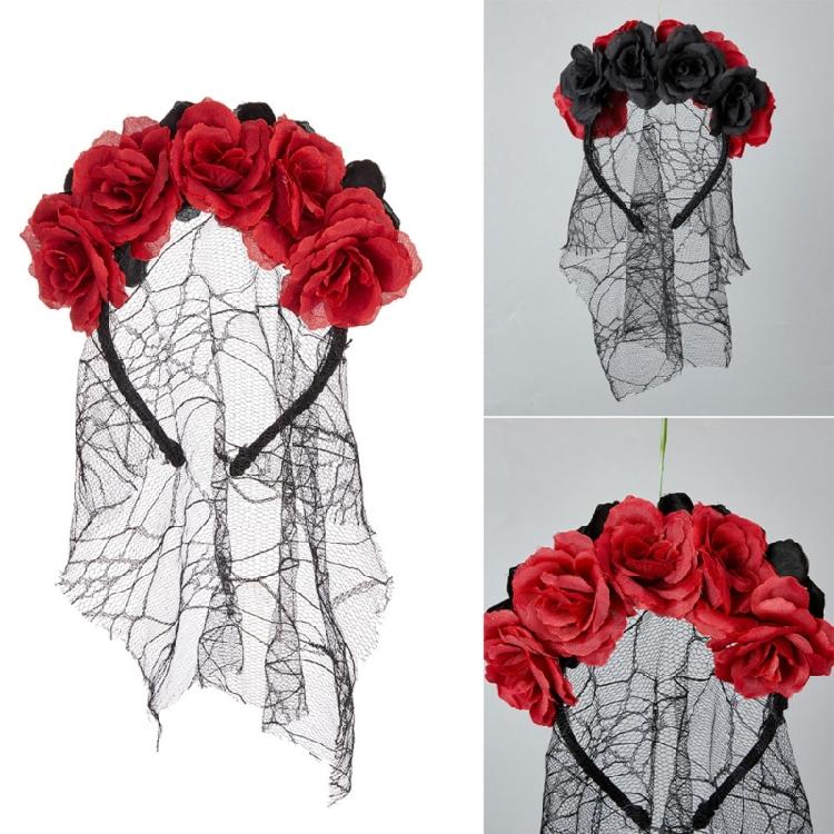 Delicate Rose HairBand Black Headdress Mysterious Rose Hairband with Black Headdress for Halloween Parties Costume
