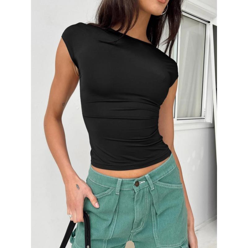 Sexy Ryggløse Sexy Crop T-skjorter Dame Mote Kortermet Slim Fit Hvite T-skjorte Topper Y2K T-skjorte Dame Ensfarget Rund Hals T-skjorter 82
