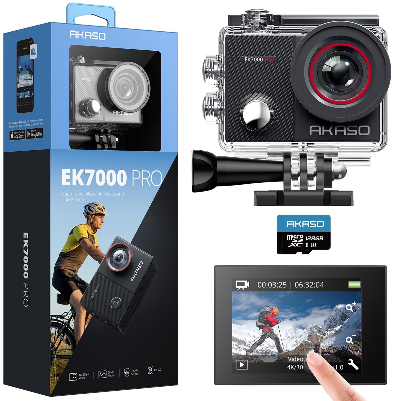 

AKASO EK7000 Pro Action Camera 4K 20 Megapixels 128GB SD Card Included Touch Panel External Microphone Compatible Image Stabilizer WIFI Wide Angle чорний