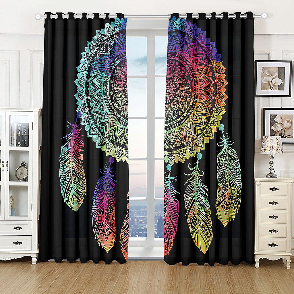 2pcs Window Curtain Boho Dream Catcher Curtains Bohemian Blackout Window Curtain for Girls Children Women Bedroom Feather