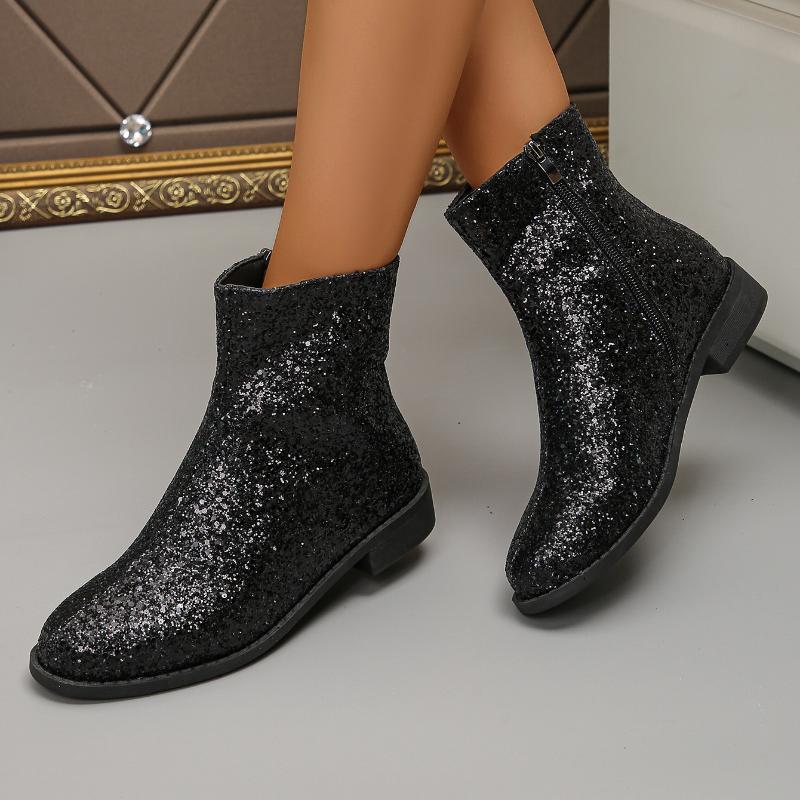 Fashion Women's Mid Heel Sexy Thick Bottom Shoes 2024 New Ladies Glitter Gold Chunky Heel Sequins Trendy Women's Shoes