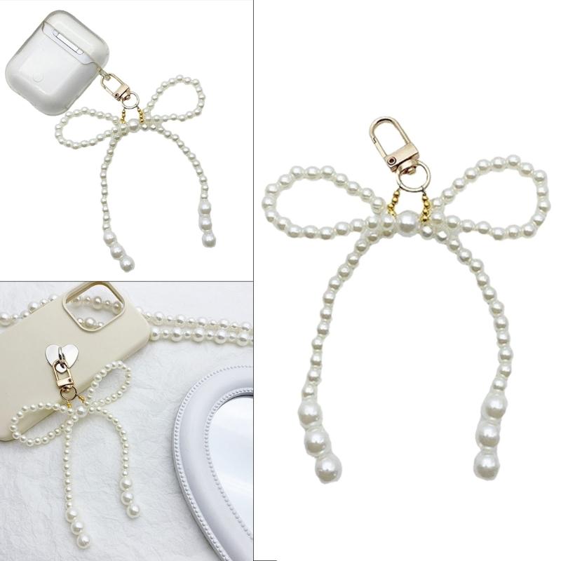 Pearls Beaded Bow Key Chain Pendant Butterfly Knot Key Rings Jewelry for Phones